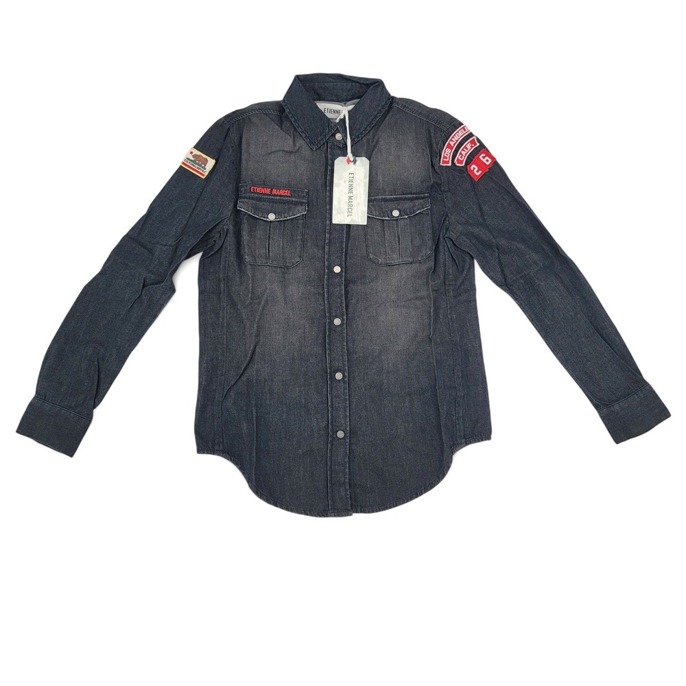 Etienne Marcel Denim Shirt Jacket‎ S NWT Black Patch Button Up Utility Biker
